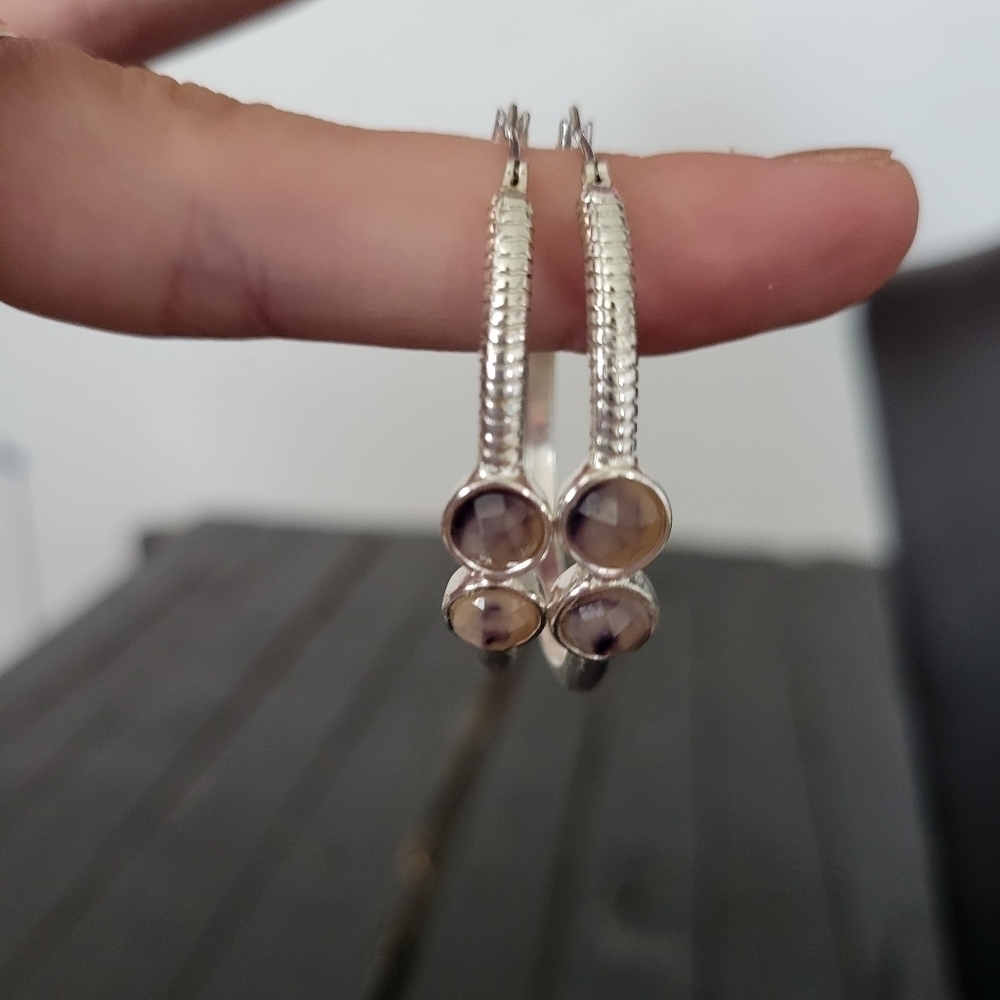 Twisted Silver Hoop Earrings Brown Gem Stone Dangle
